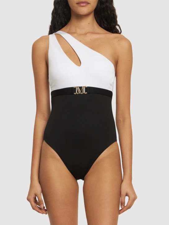 Max Mara: Carlotta jersey one shoulder swimsuit - Black/White - women_1 | Luisa Via Roma