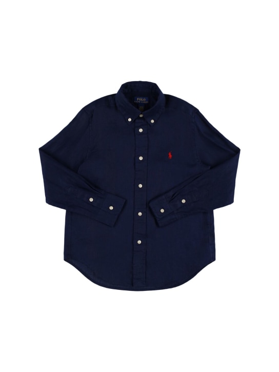 Polo Ralph Lauren: Camisa de popelina de algodón con logo bordado - Azul Oscuro - kids-boys_0 | Luisa Via Roma