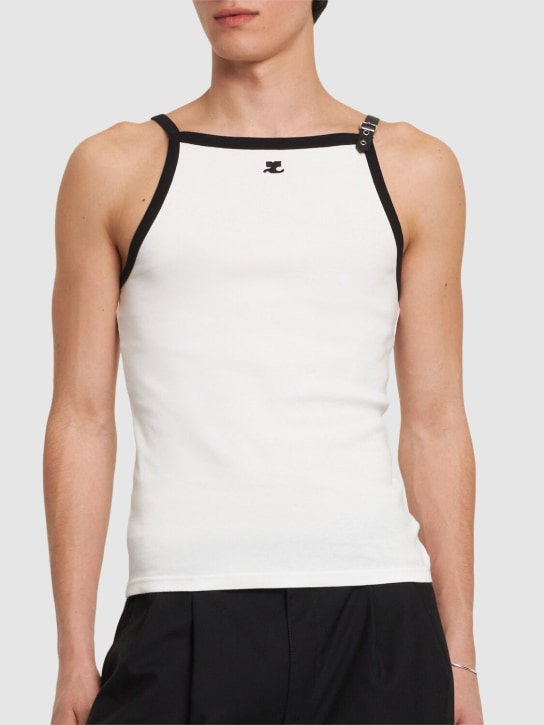 Courrèges: Logo embroidery cotton tank top w/buckle - men_2 | Luisa Via Roma