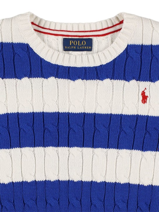 Ralph Lauren: Logo striped cotton cable knit sweater - White/Blue - kids-boys_1 | Luisa Via Roma