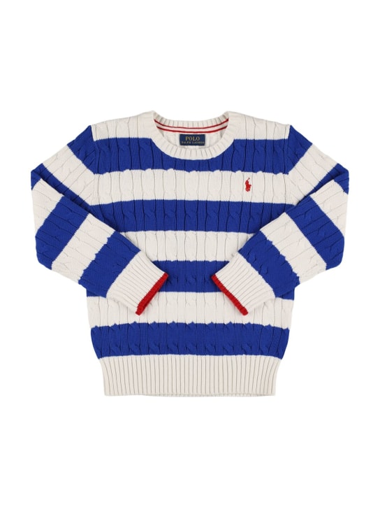 Polo Ralph Lauren: 로고 스트라이프 코튼 케이블 니트 스웨터 - 화이트/블루 - kids-boys_0 | Luisa Via Roma