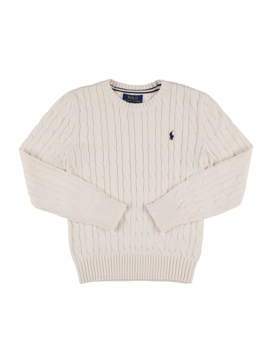 Polo Ralph Lauren: Suéter de punto trenzado de algodón con logo - Off-White - kids-boys_0 | Luisa Via Roma
