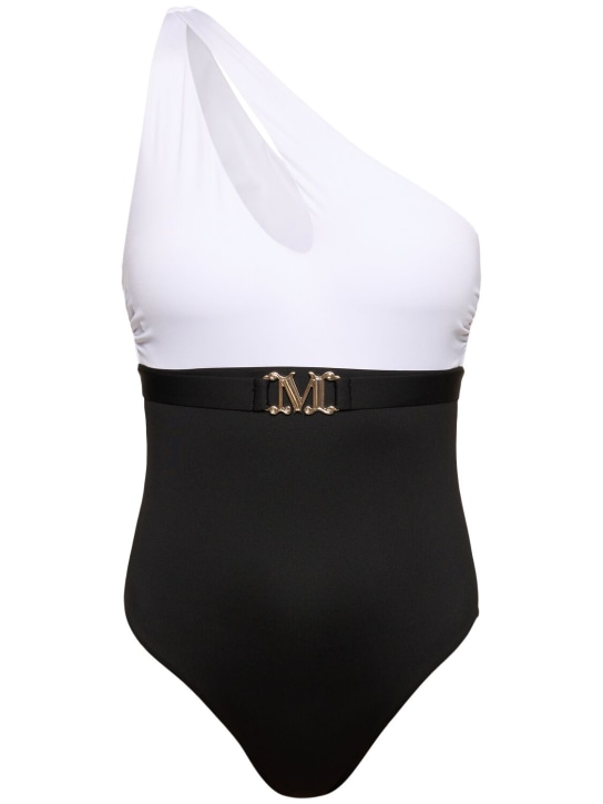 Max Mara: Carlotta jersey one shoulder swimsuit - Siyah/Beyaz - women_0 | Luisa Via Roma