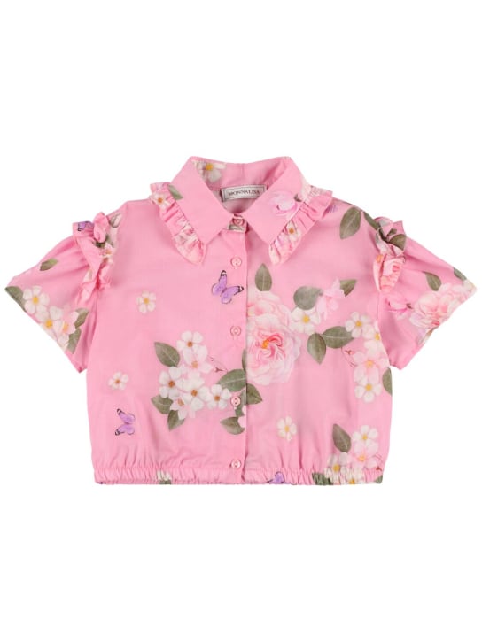 Monnalisa: Printed cotton muslin crop shirt - Pink/Multi - kids-girls_0 | Luisa Via Roma