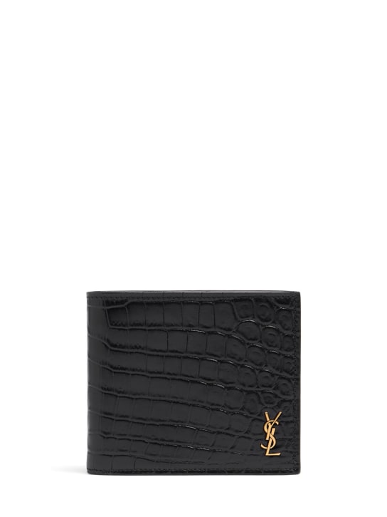 Saint Laurent: Croc embossed leather billfold wallet - Siyah - men_0 | Luisa Via Roma