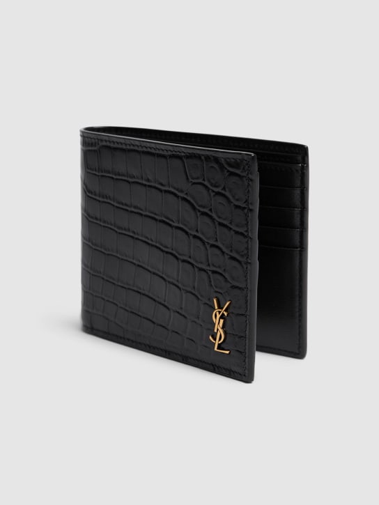 Saint Laurent: Croc embossed leather billfold wallet - Siyah - men_1 | Luisa Via Roma