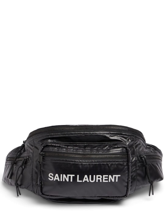 Saint Laurent: Riñonera de nylon ripstop con logo - Negro/Plata - men_0 | Luisa Via Roma
