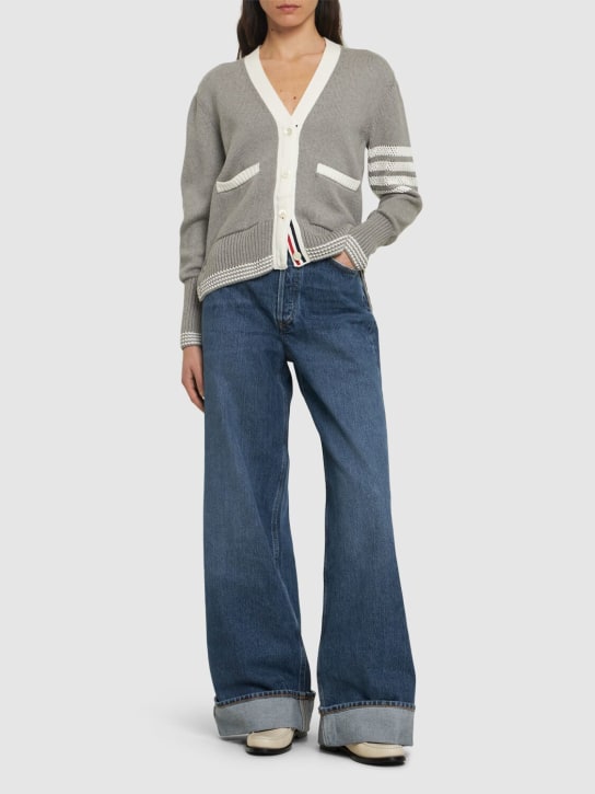 Thom Browne: Cotton knit 4 stripe cardigan w/ pockets - Grey/White - women_1 | Luisa Via Roma