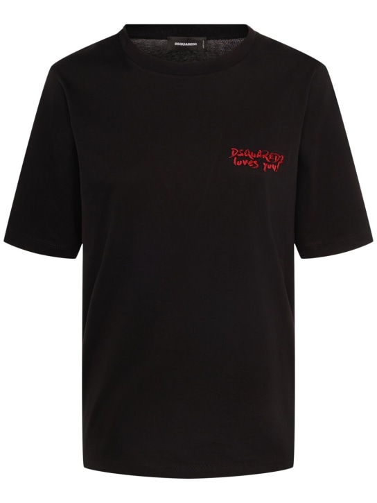 Dsquared2: Logo cotton jersey t-shirt - Siyah - women_0 | Luisa Via Roma