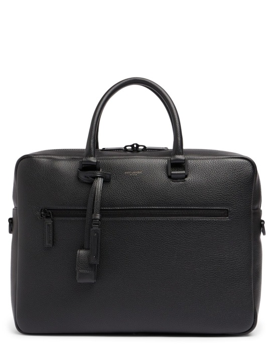 Saint Laurent: Logo detail leather briefcase - Siyah - men_0 | Luisa Via Roma