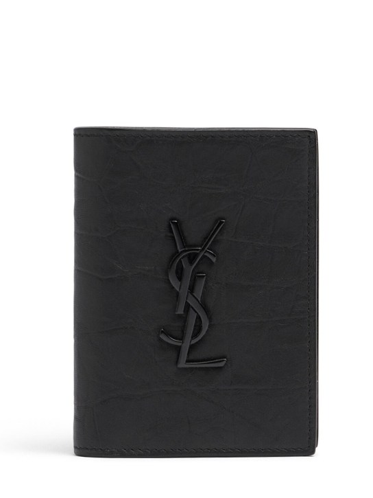 Saint Laurent: YSL croc embossed leather wallet - Siyah - men_0 | Luisa Via Roma