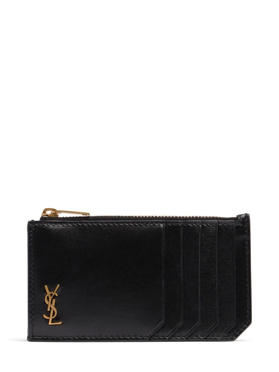 Saint Laurent: Tiny Cassandre leather card case - Nero - men_0 | Luisa Via Roma