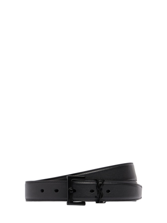 Saint Laurent: 3cm monogram smooth leather belt - Siyah - men_0 | Luisa Via Roma
