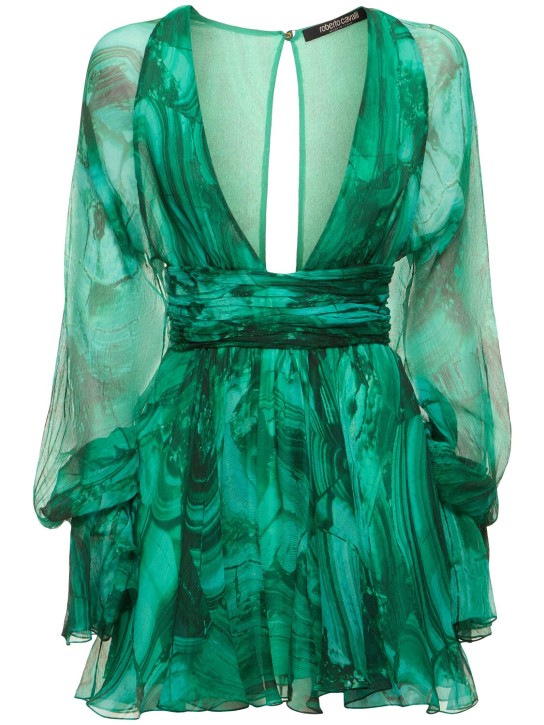 Roberto Cavalli: Malachite printed silk chiffon dress - Green/Multi - women_0 | Luisa Via Roma