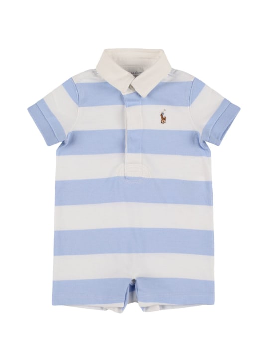 Polo Ralph Lauren: Logo embroidered cotton piquet romper - Beyaz/Mavi - kids-boys_0 | Luisa Via Roma