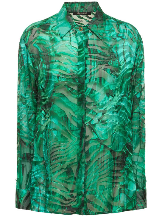 Roberto Cavalli: Malachite printed satin devoré shirt - Green/Multi - women_0 | Luisa Via Roma