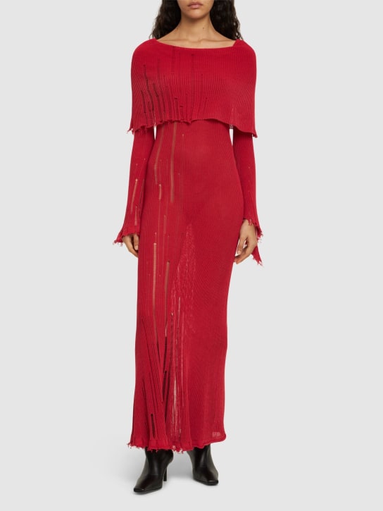 Acne Studios: Robe midi en maille usée à manches longues - Rouge - women_1 | Luisa Via Roma