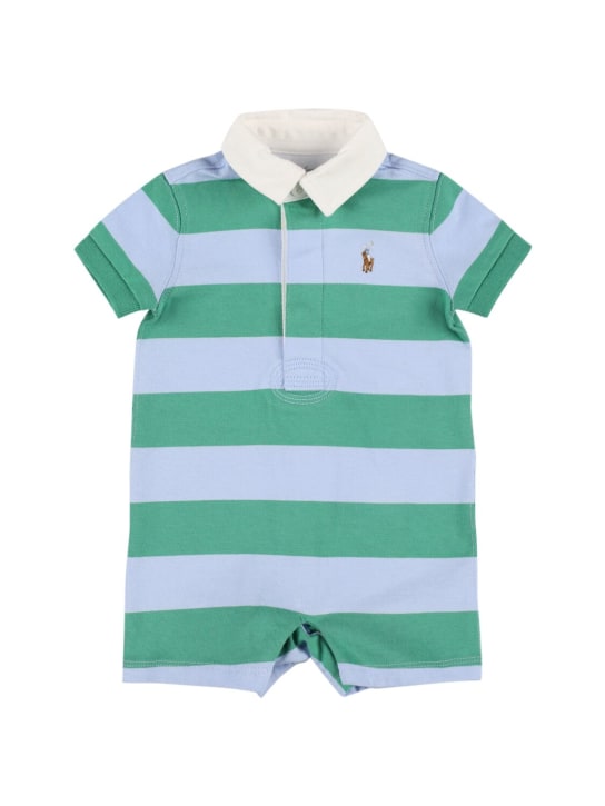 Polo Ralph Lauren: Logo刺绣棉质珠地网眼布连身裤 - 蓝色/绿色 - kids-boys_0 | Luisa Via Roma