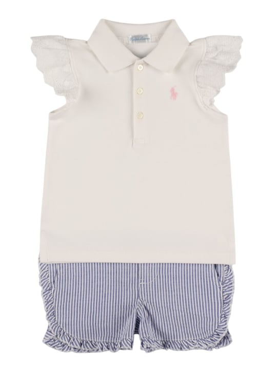Ralph Lauren: Cotton blend piquet polo shirt & shorts - White/Blue - kids-girls_0 | Luisa Via Roma