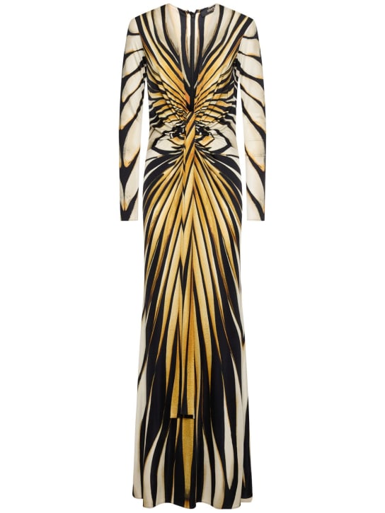 Roberto Cavalli: Ray Of Gold printed viscose long dress - Sarı/Siyah - women_0 | Luisa Via Roma