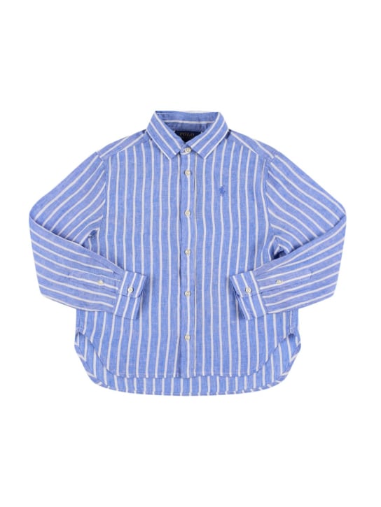 Polo Ralph Lauren: Camicia in lino / ricamo logo - Blu/Bianco - kids-girls_0 | Luisa Via Roma