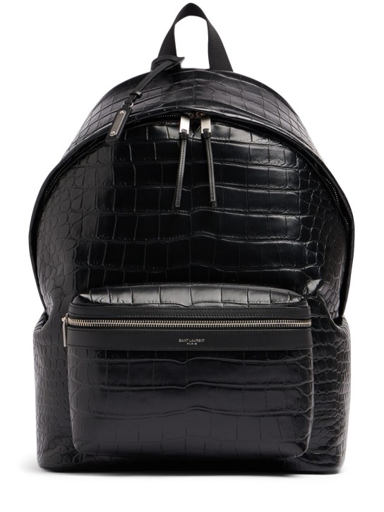 Saint Laurent: Croc embossed leather backpack - Siyah - men_0 | Luisa Via Roma