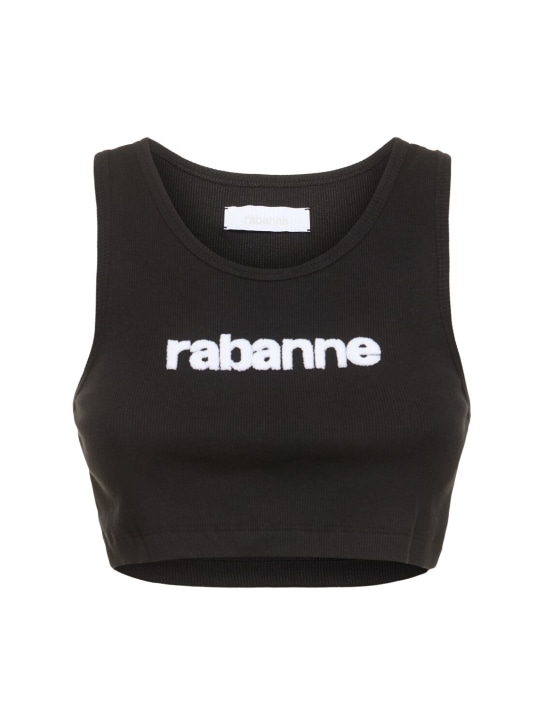 Rabanne: Logo jersey crop top - Siyah - women_0 | Luisa Via Roma