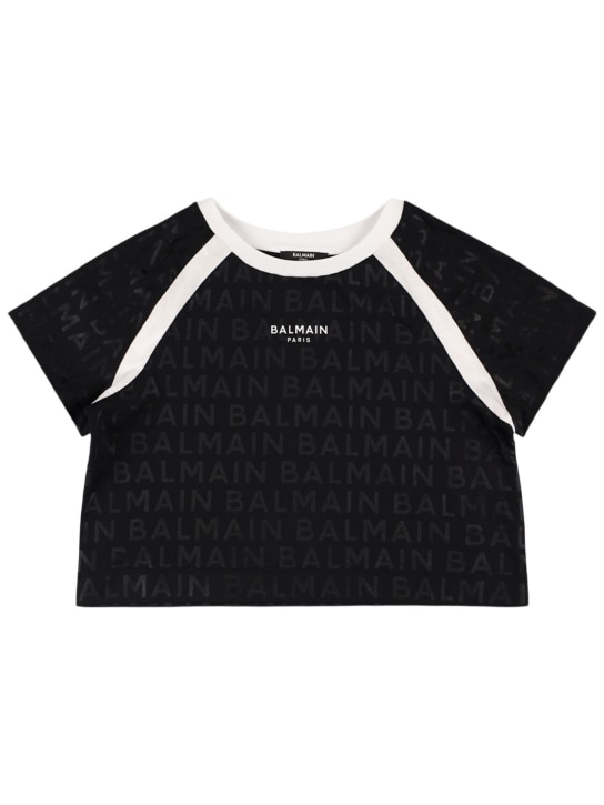 Balmain: Camiseta de jersey de algodón orgánico - Negro - kids-girls_0 | Luisa Via Roma
