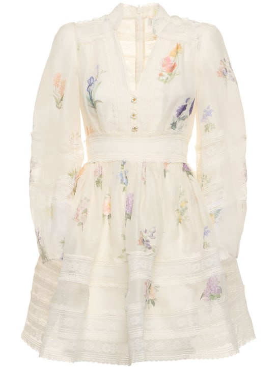 Zimmermann: Natura v neck linen silk mini dress - White/Multi - women_0 | Luisa Via Roma