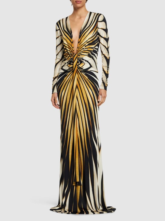 Roberto Cavalli: Ray Of Gold printed viscose long dress - Sarı/Siyah - women_1 | Luisa Via Roma