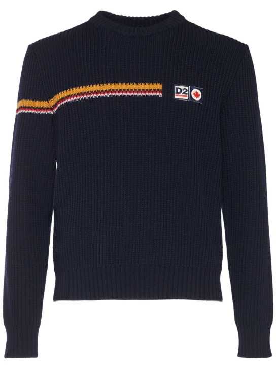 Dsquared2: Felpa girocollo in lana con logo - Blu Navy - men_0 | Luisa Via Roma