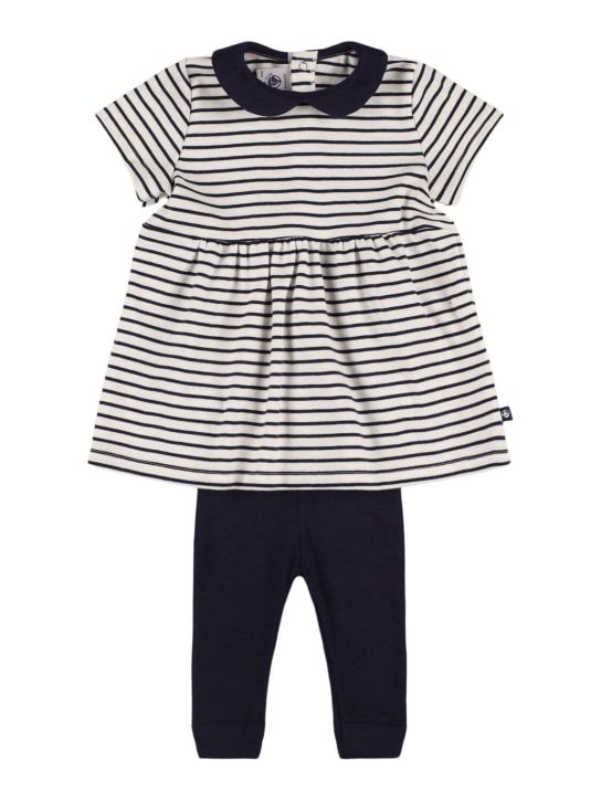 Petit Bateau: Kleid aus Baumwolle mit Streifen und Leggings - Weiß/Navy - kids-girls_0 | Luisa Via Roma