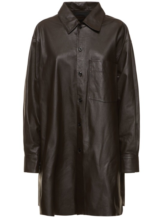 Lemaire: Loose fit leather overshirt - Dark Brown - women_0 | Luisa Via Roma
