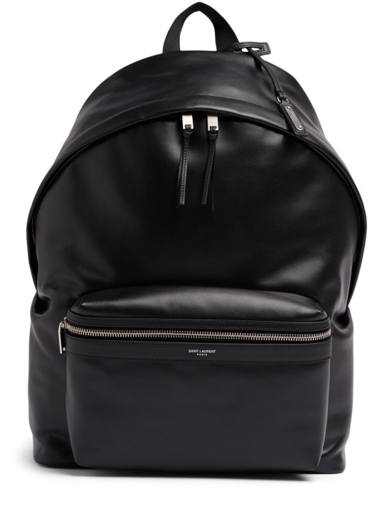 Saint Laurent: Logo leather city backpack - Black - men_0 | Luisa Via Roma