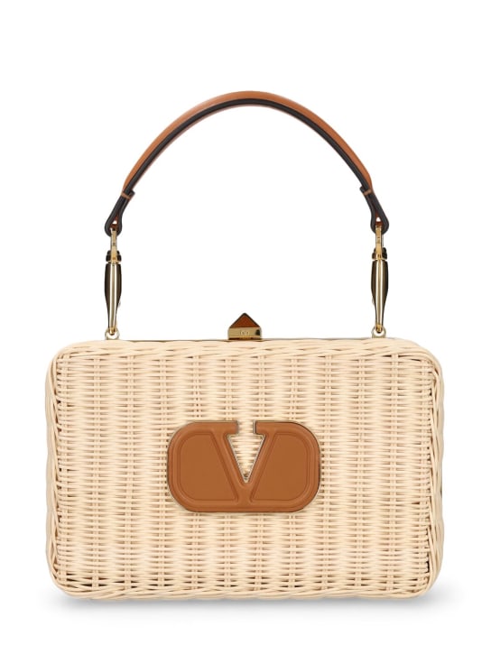 Valentino Garavani: V Logo Signature straw top handle bag - Naturale/Almond - women_0 | Luisa Via Roma