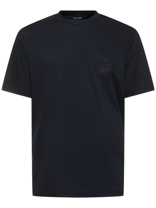 Giorgio Armani: Logo刺绣棉质T恤 - 海军蓝 - men_0 | Luisa Via Roma