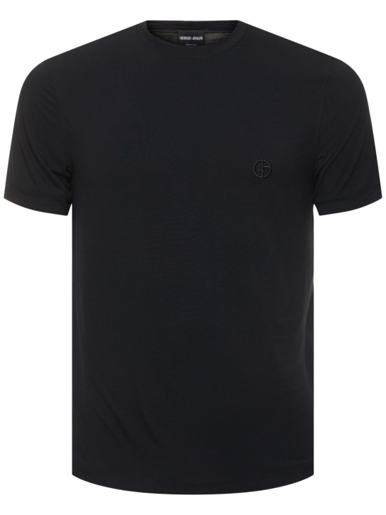 Giorgio Armani: 丝光粘胶纤维平纹针织T恤 - 海军蓝 - men_0 | Luisa Via Roma