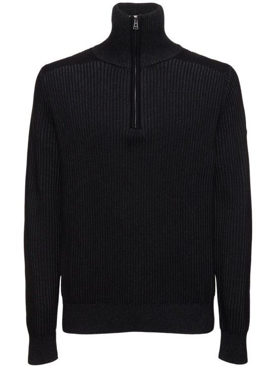 Belstaff: Half-zip ribbed cotton blend sweater - Black/Grey - men_0 | Luisa Via Roma