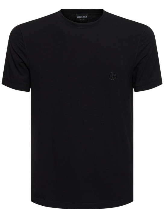 Giorgio Armani: 丝光粘胶纤维平纹针织T恤 - 黑色 - men_0 | Luisa Via Roma
