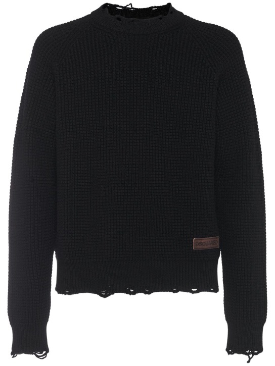 Dsquared2: Distressed crewneck sweater - Black - men_0 | Luisa Via Roma