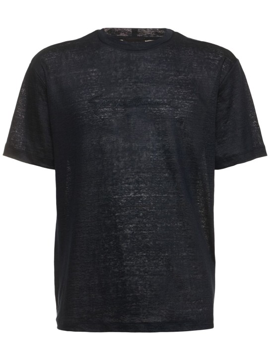 Giorgio Armani: T-shirt in jersey di lino con logo - Blu Navy - men_0 | Luisa Via Roma