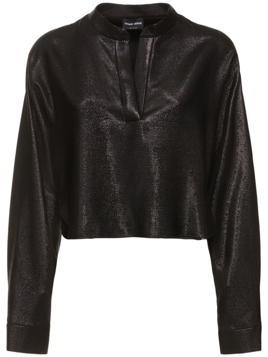 Giorgio Armani: Fluid textured lurex v/neck shirt - Black - women_0 | Luisa Via Roma