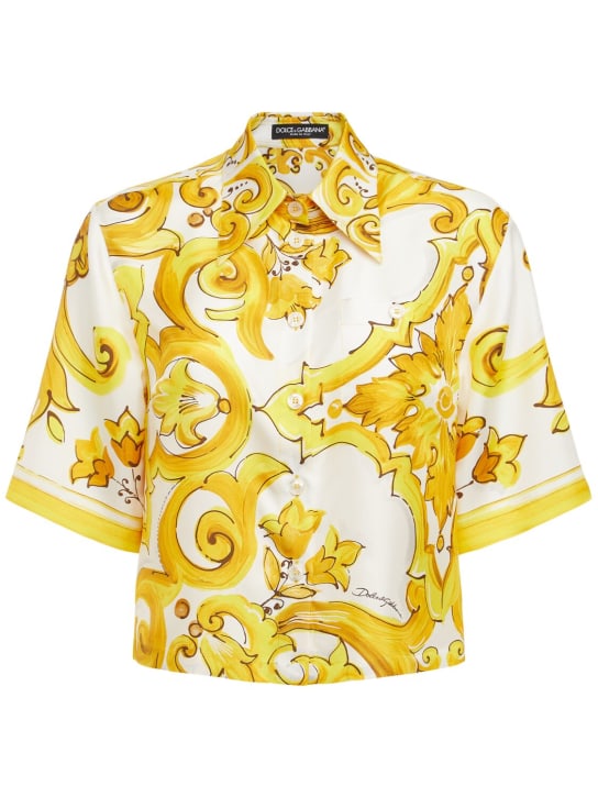 Dolce&Gabbana: Maiolica印花真丝短袖衬衫 - 黄色/多色 - women_0 | Luisa Via Roma
