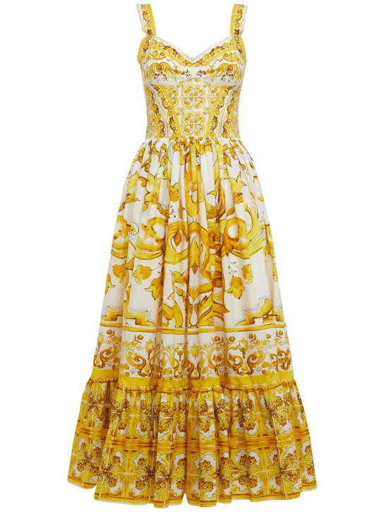 Dolce&Gabbana: Maiolica printed poplin midi dress - Yellow/Multi - women_0 | Luisa Via Roma