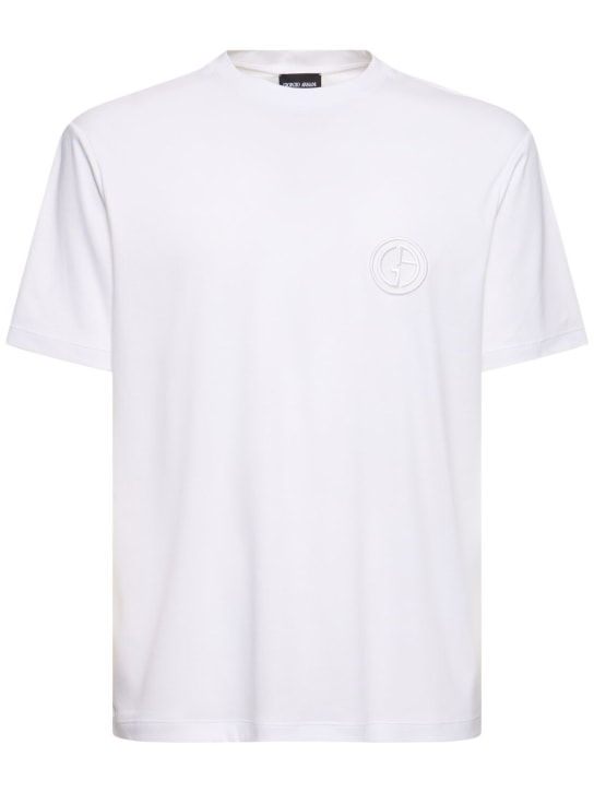 Giorgio Armani: T-shirt in cotone con ricamo logo - Bianco - men_0 | Luisa Via Roma