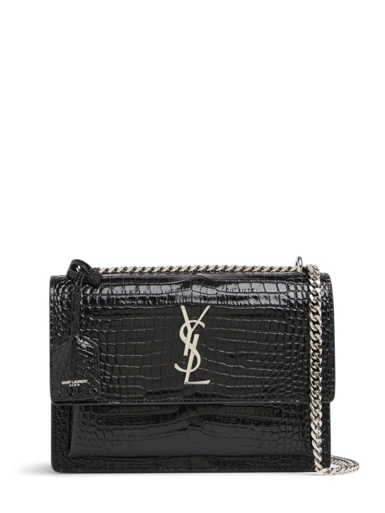 Saint Laurent: Medium Sunset croc embossed leather bag - Black - women_0 | Luisa Via Roma