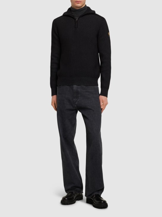 Belstaff: Half-zip ribbed cotton blend sweater - Black/Grey - men_1 | Luisa Via Roma