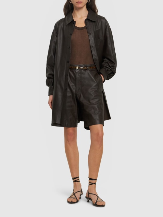 Lemaire: Loose fit leather overshirt - Dark Brown - women_1 | Luisa Via Roma