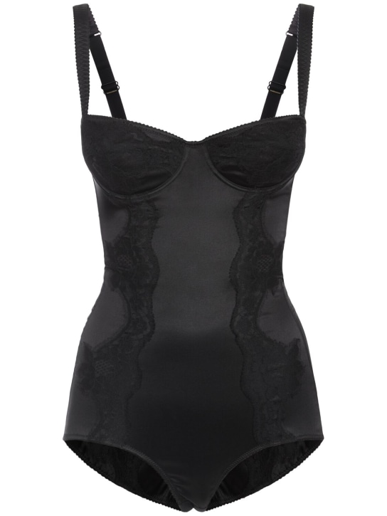 Dolce&Gabbana: Silk satin stretch bodysuit w/lace - Black - women_0 | Luisa Via Roma