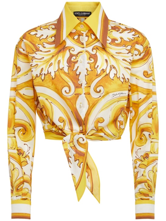 Dolce&Gabbana: Maiolica printed front knot poplin shirt - Yellow/Multi - women_0 | Luisa Via Roma